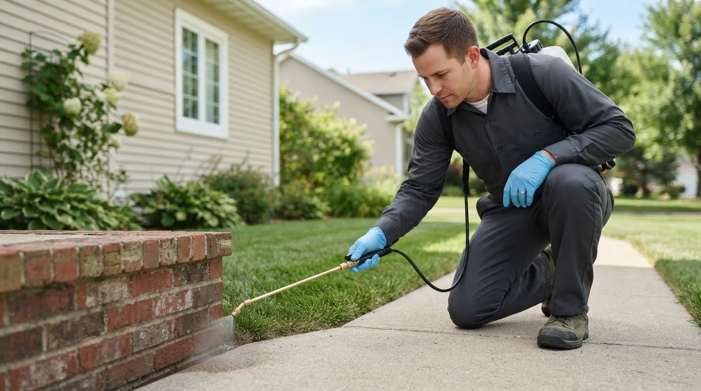 Pest control technician treating a home near Randolph, NE