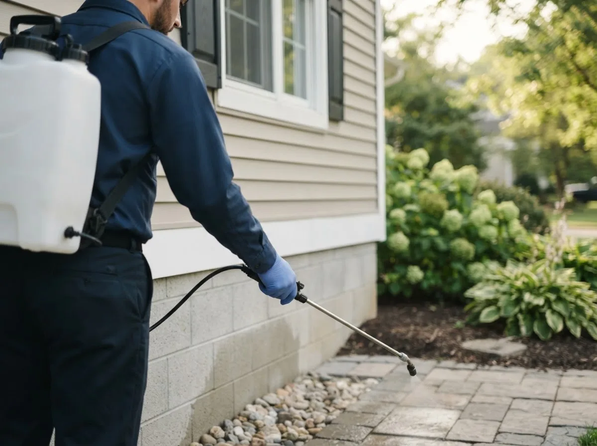 Pest control technician inspecting a home in Randolph, NE